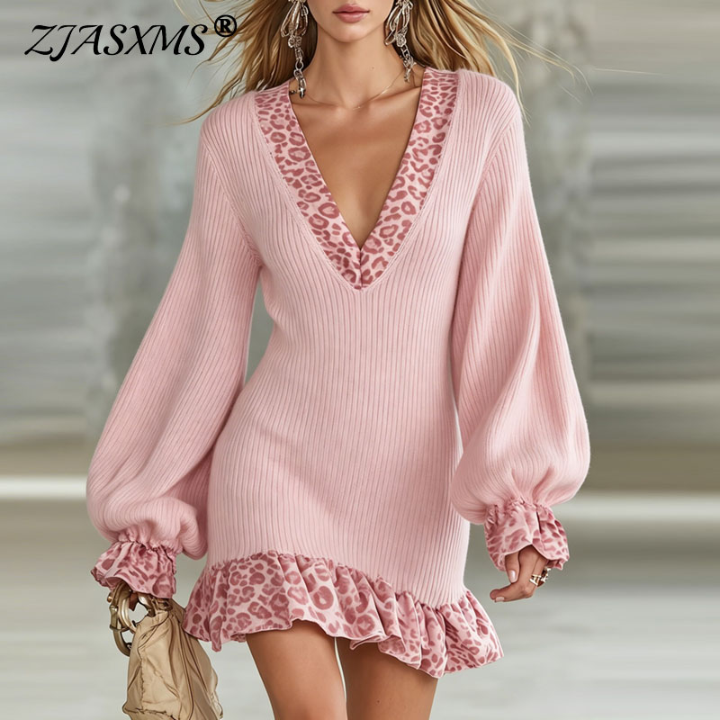 Winter Clothing H&M - فستان قصير منسوج بنقشة الفهد للنساء،